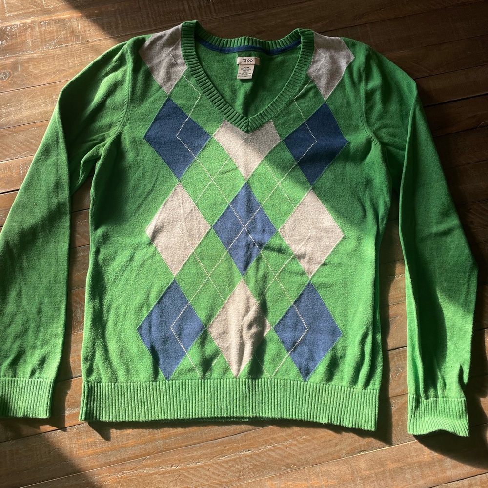 Izod Green and Blue Argyle Long Sleeve V-Neck Lightweight Sweater Sz Medium